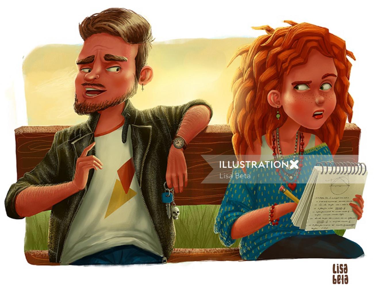 Couple sitting on bench, Cartoon illustration