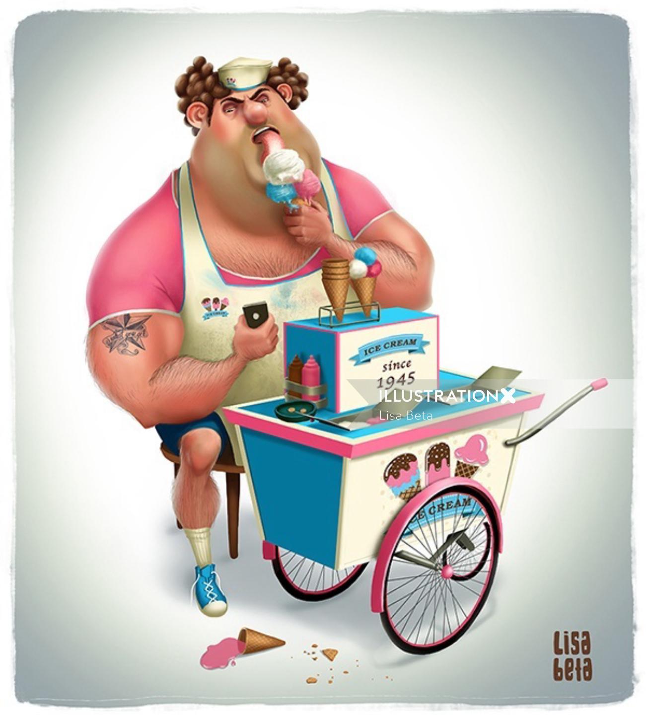 Huge man eating ice cream illustration by Lisa Beta