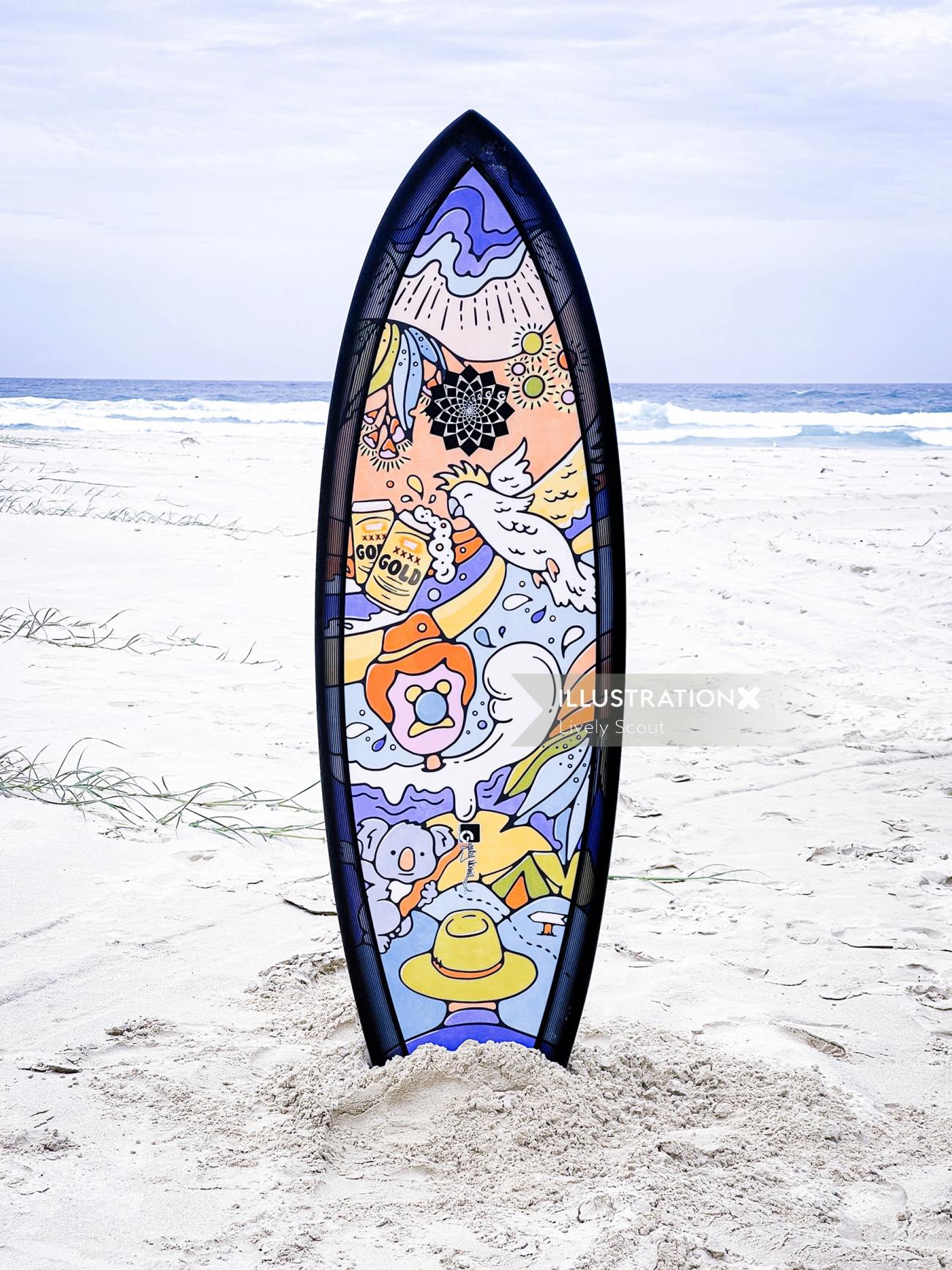 tabla de surf de tema australiana en la playa