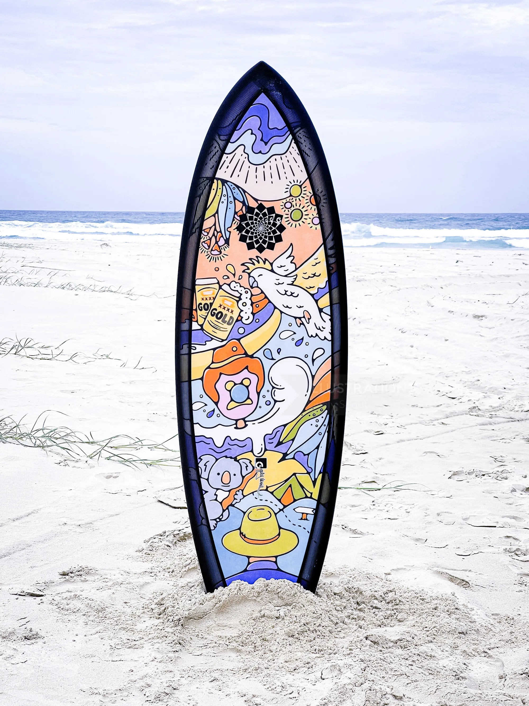 australiana theme surfboard on the beach