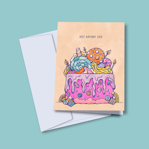 贺卡上覆盖着甜食的彩色生日蛋糕