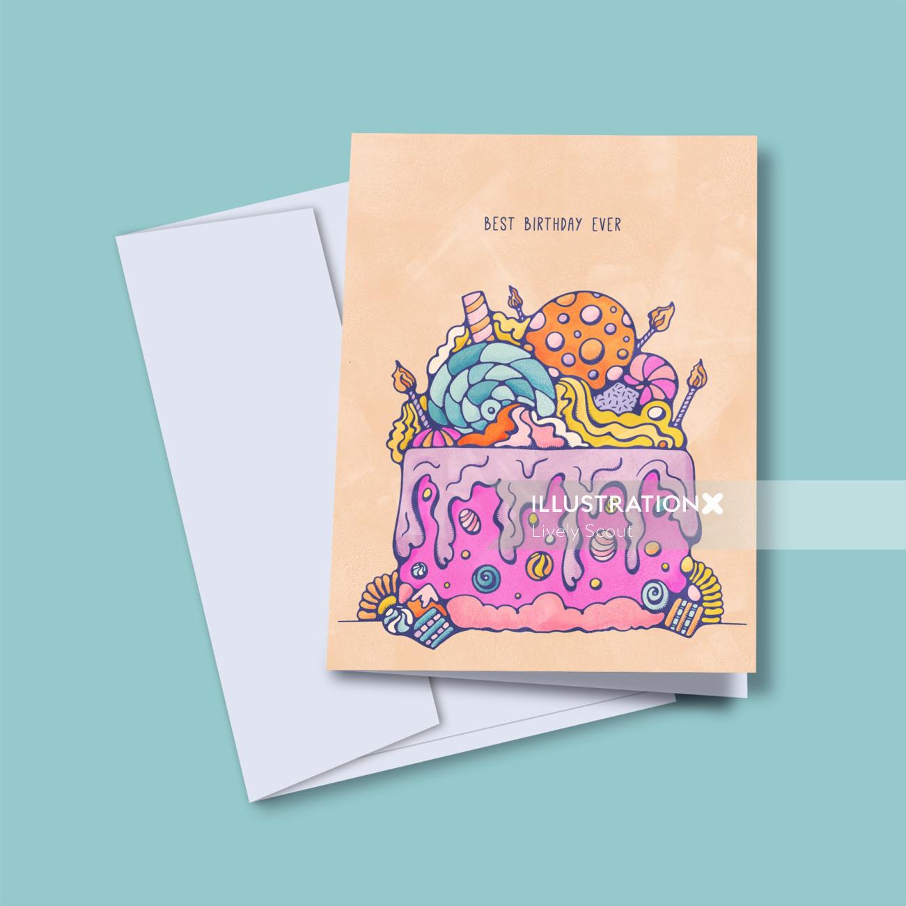 Colourful birthday cake covered in sweet treats on greeting card