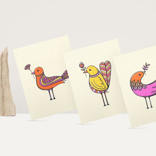three colourful vintage bird characters bearing flower gifts on series of cards