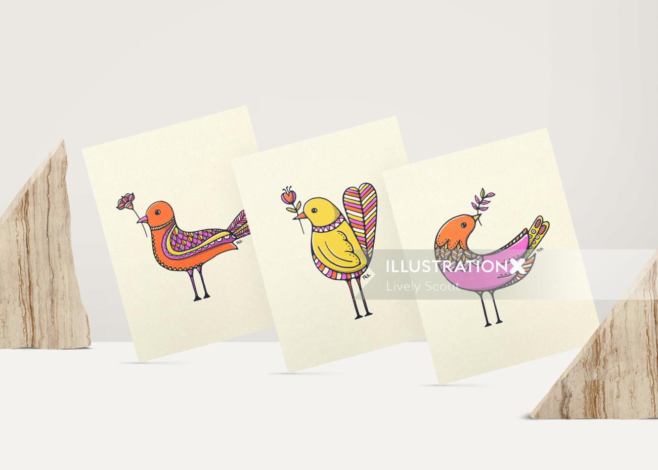 Tres coloridos personajes de pájaros antiguos con obsequios florales en una serie de tarjetas