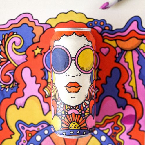 bold colourful female portrait illustration on kombbucha can packaging