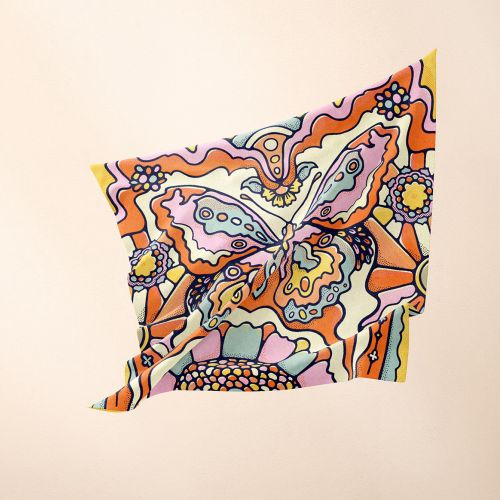 Brightly coloured butterfly illustration on silk scarf
