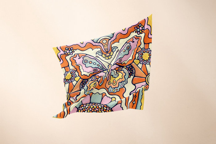 シルクスカーフの鮮やかな色の蝶のイラスト