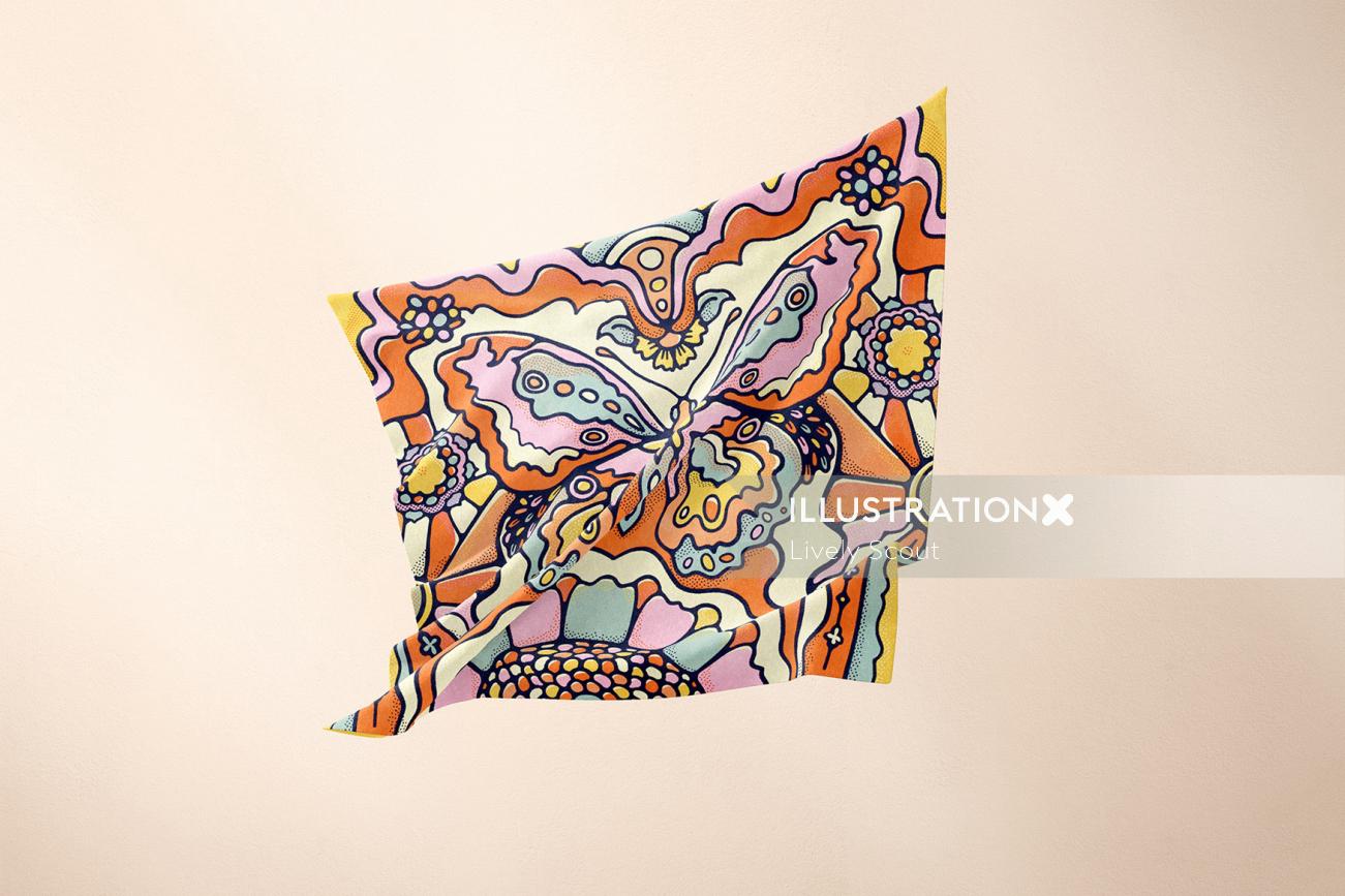 Brightly coloured butterfly illustration on silk scarf