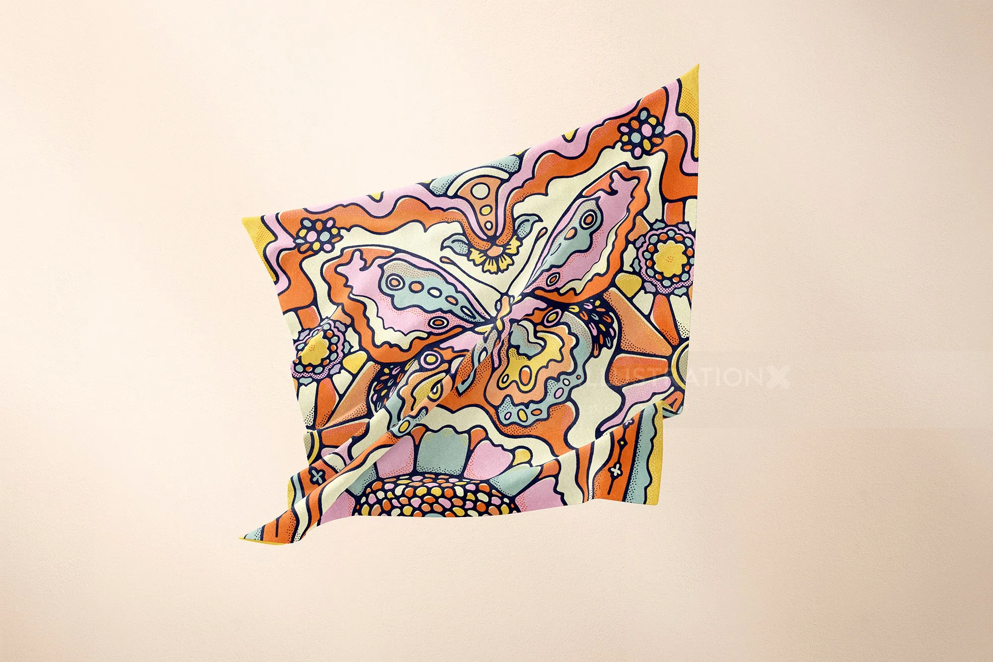 Brightly coloured butterfly illustration on silk scarf