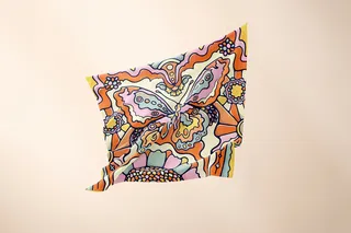 Brightly coloured butterfly illustration on silk scarf