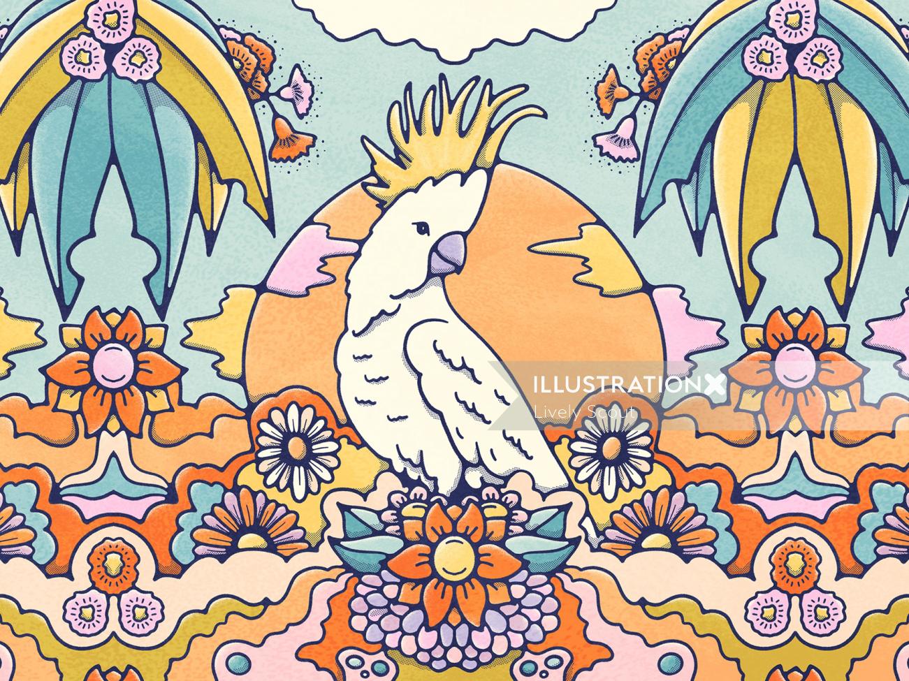 Illustration d&#39;oiseau cocktoo australien. perché sur un lit de fleurs aux couleurs vives, dressé un oran