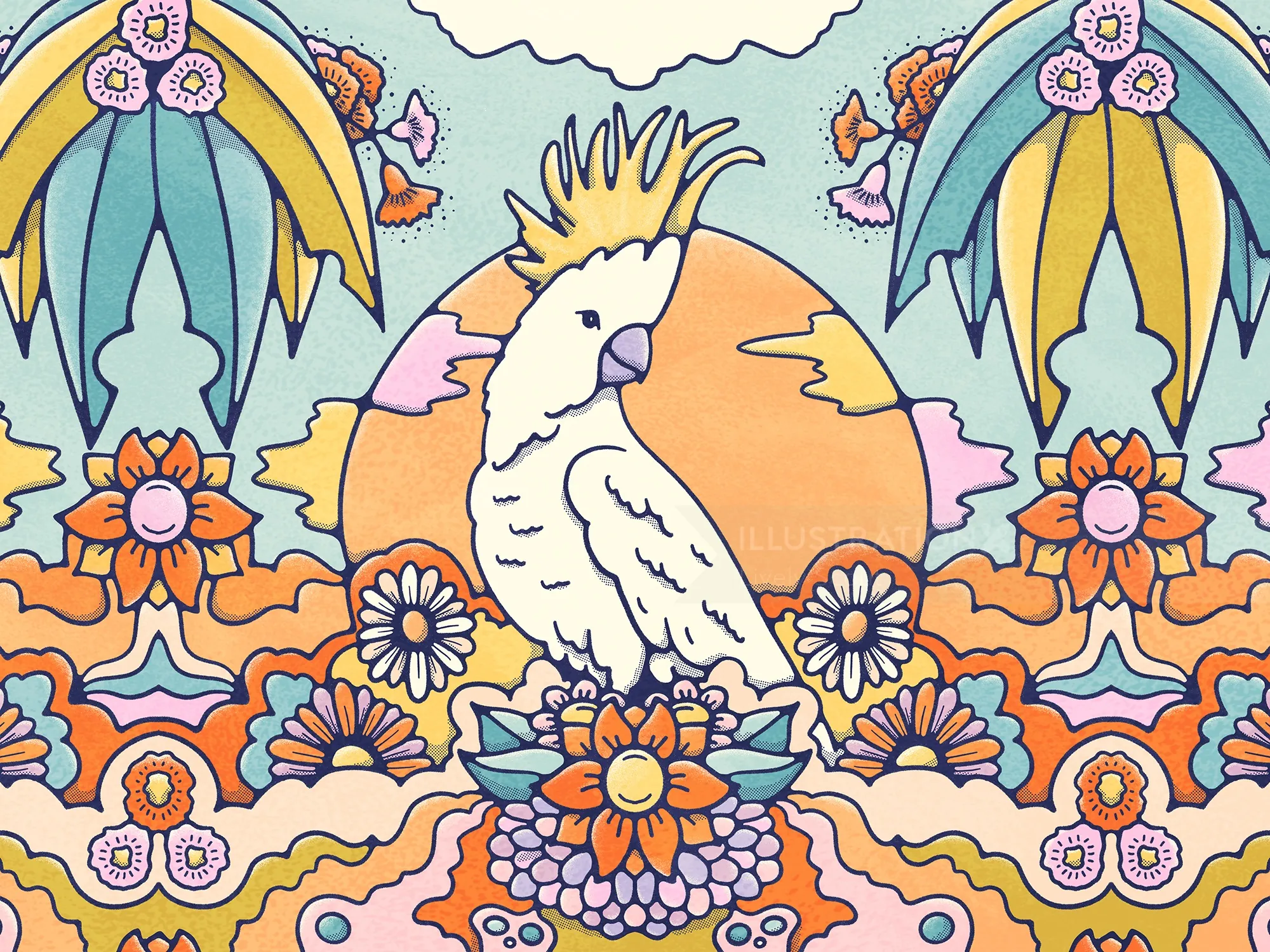 Australian cocktoo bird illustration. perched on a bed of bright coloured flowers, set again an oran
