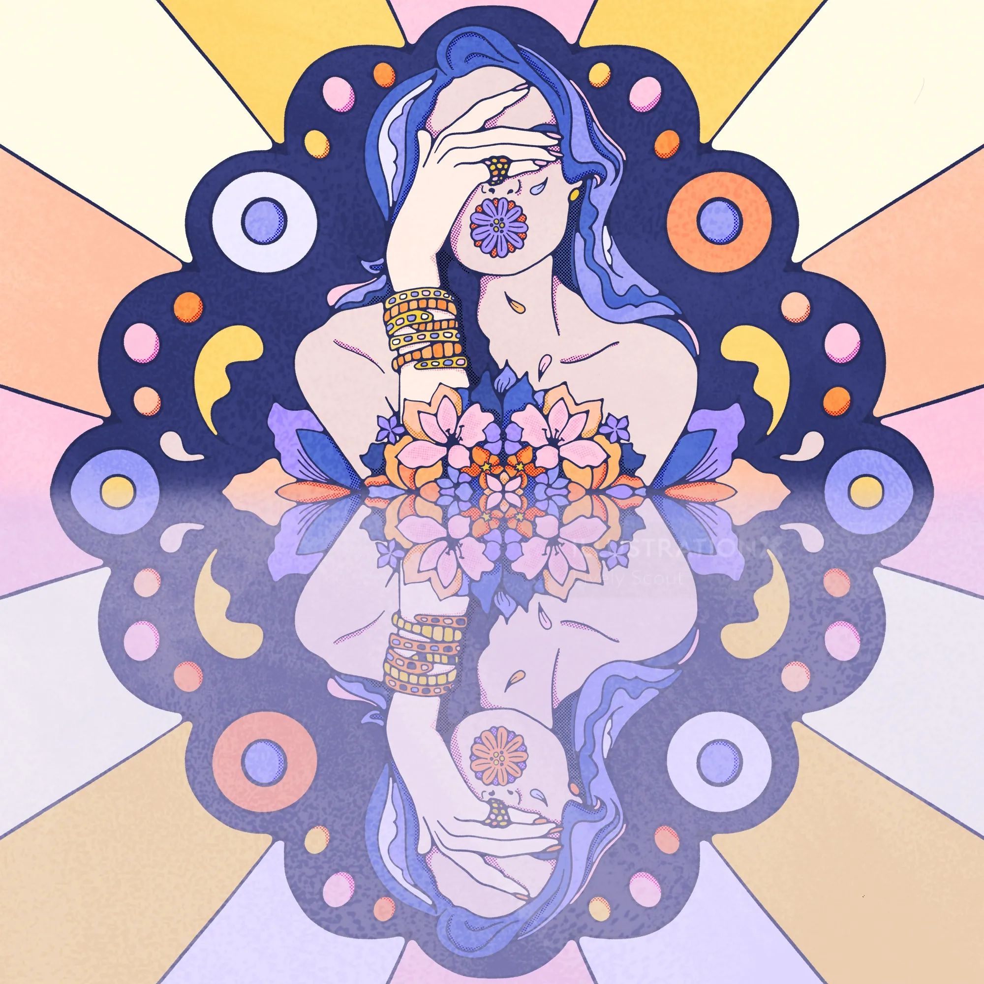 Female portrait, crying tears of petals against vibrant starburst background.