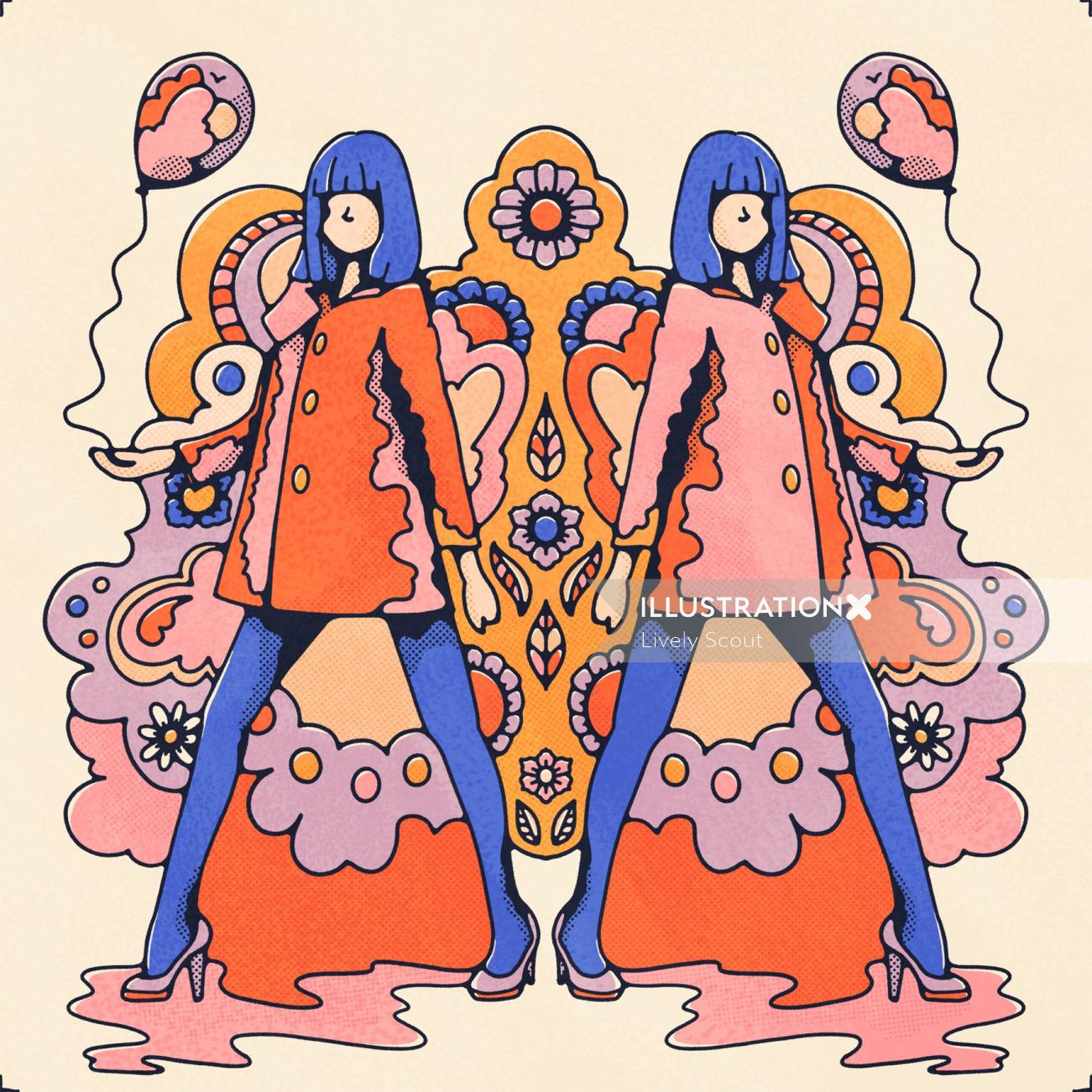 Pair of GoGo dancers holding balloons on psychedelic background