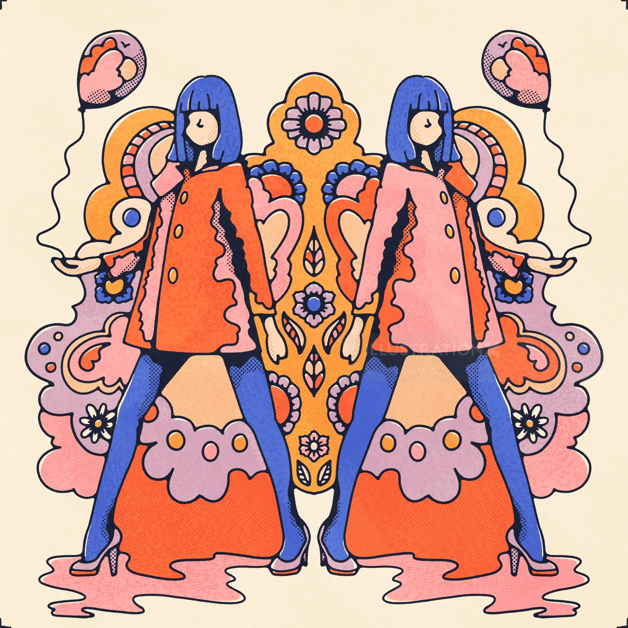 Pair of GoGo dancers holding balloons on psychedelic background