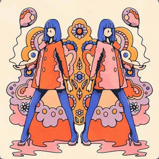 Pair of GoGo dancers holding balloons on psychedelic background