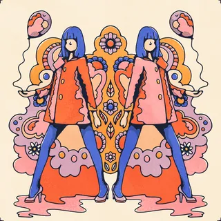 Pair of GoGo dancers holding balloons on psychedelic background