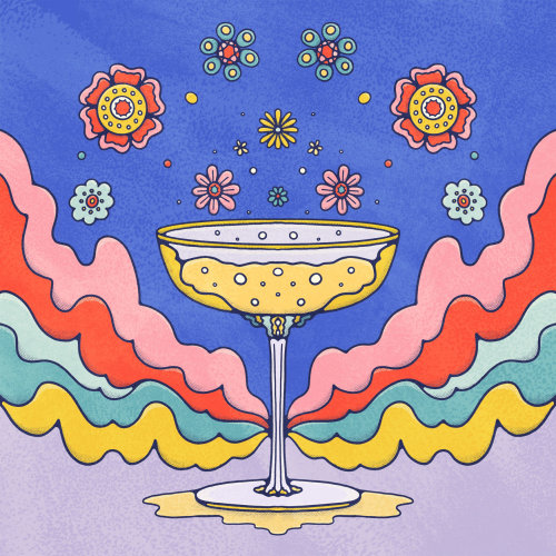 vintage champagne glass against a psychedelic and floral backdrop