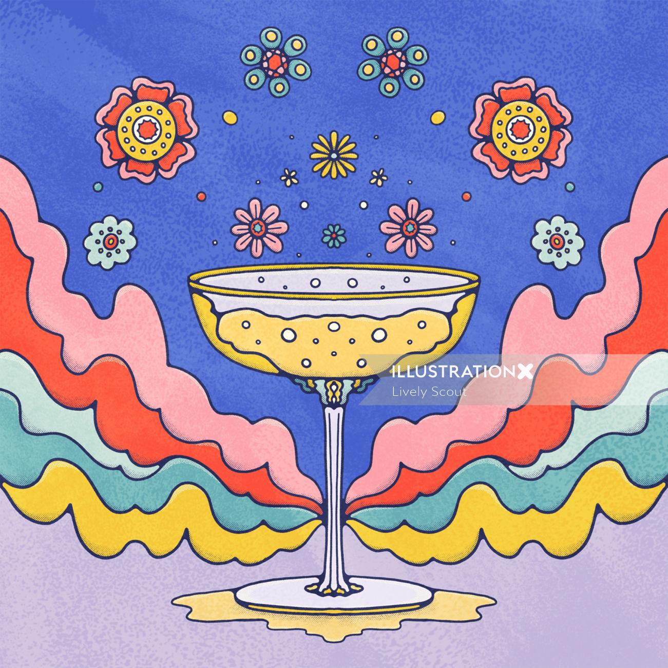 Copa de champán vintage con un telón de fondo psicodélico y floral