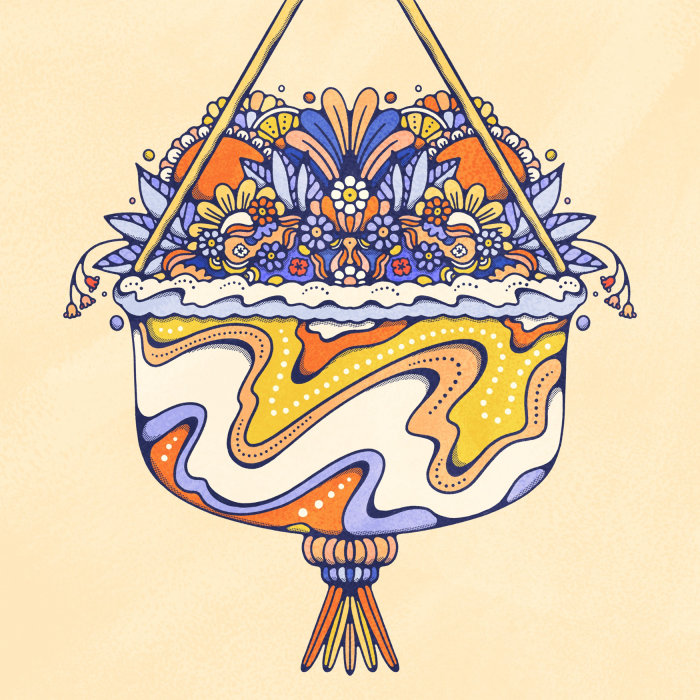 色とりどりの花が描かれた装飾的なハンギング バスケット