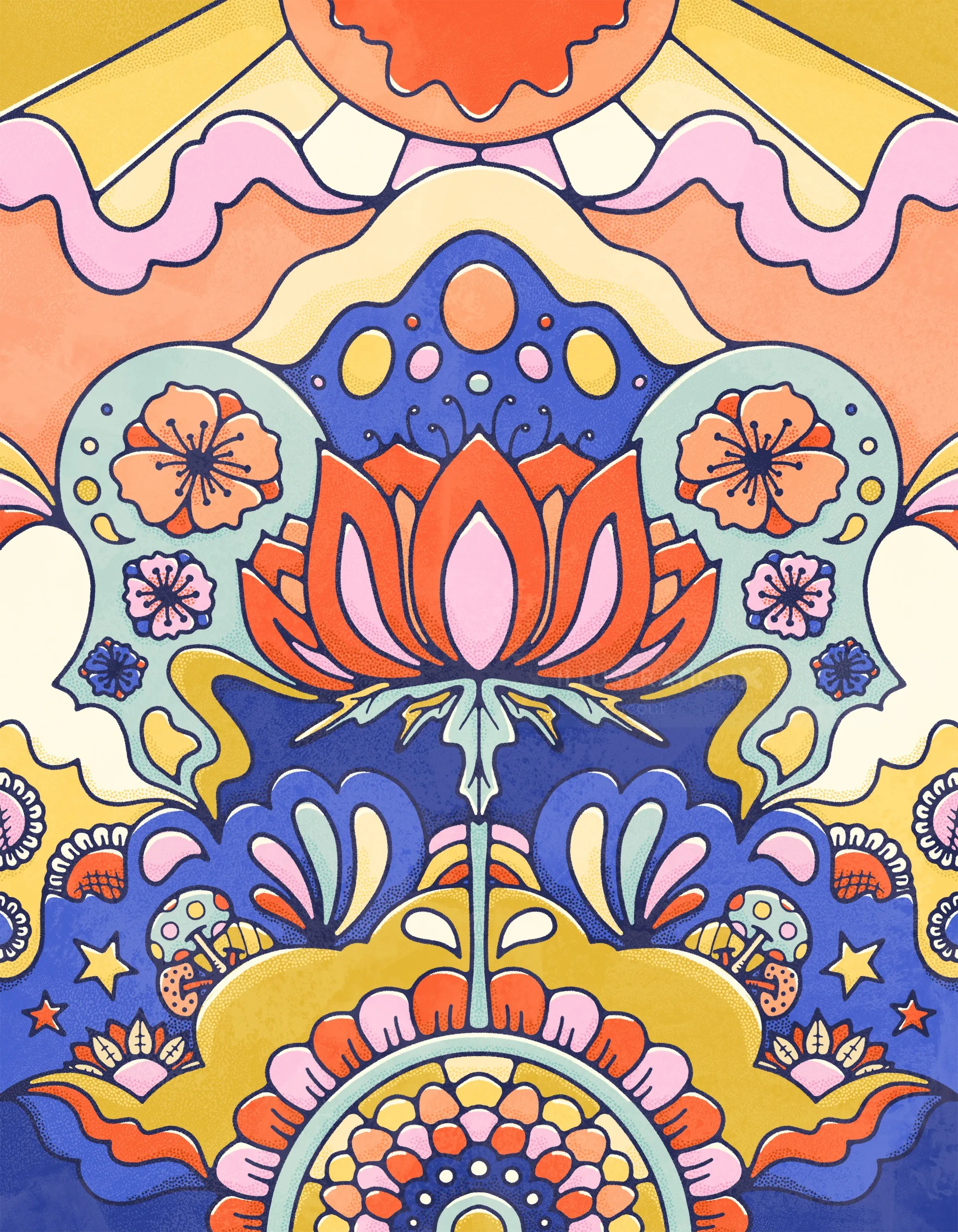 Red and Pink flower reaching for the sun amongst a scene of bold colour floral blooms and fluid shap