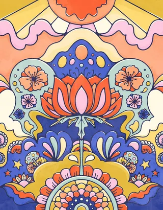 Red and Pink flower reaching for the sun amongst a scene of bold colour floral blooms and fluid shap