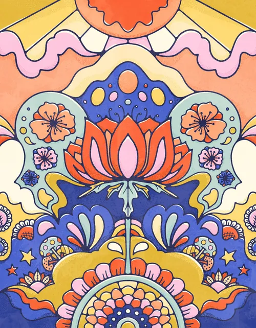 Red and Pink flower reaching for the sun amongst a scene of bold colour floral blooms and fluid shap