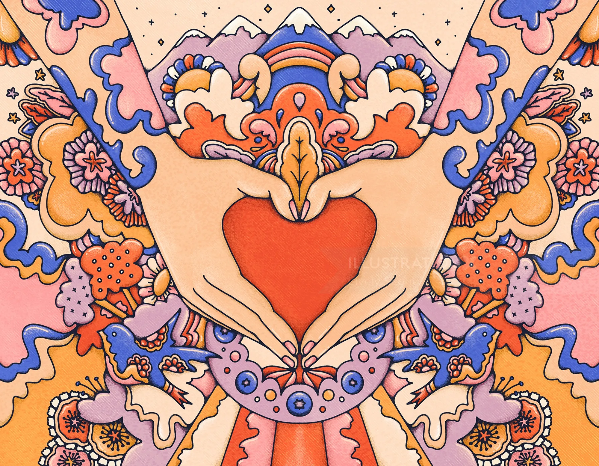 Cupped tattooed hands reveal a heart surrounded by vivd mountains, flowers and birds.