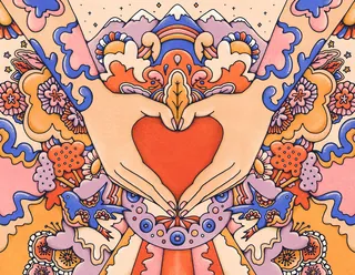 Cupped tattooed hands reveal a heart surrounded by vivd mountains, flowers and birds.