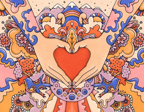 Cupped tattooed hands reveal a heart surrounded by vivd mountains, flowers and birds.