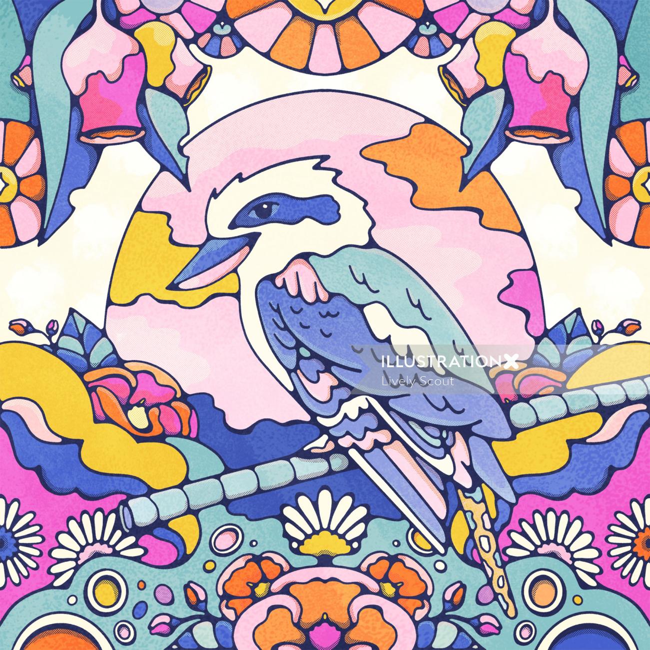 Kookaburra azul sentado ona. ramo entre uma cena de folhas e flores de goma vivd, contra o ris
