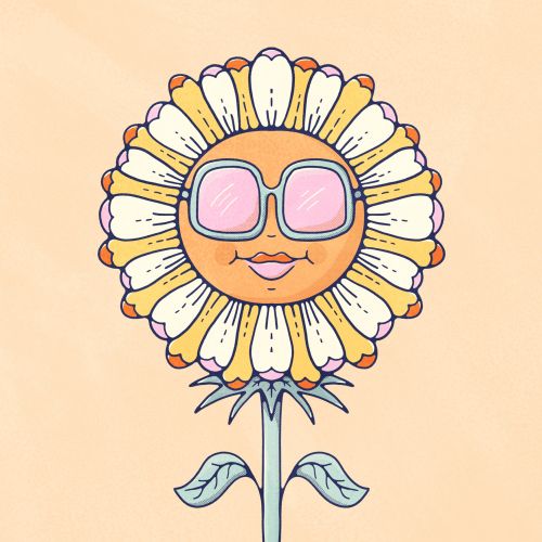 Smiling daisy character in sunglasses
