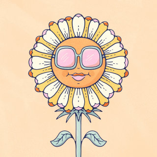 Personagem sorridente de margarida em óculos de sol