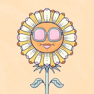 Smiling daisy character in sunglasses