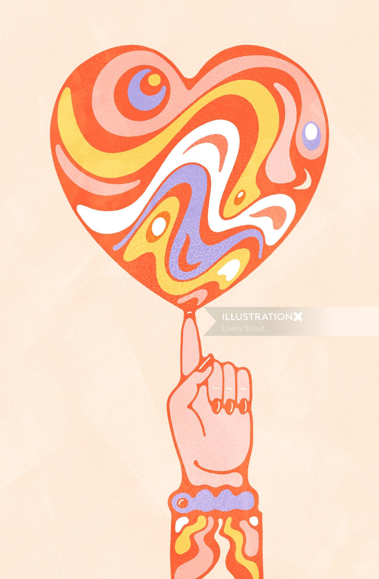 Psychedelic swirling heart in vibrant colours, balancing on female fingertip