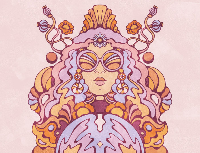 サングラスのレトロな女性の肖像画、巨大な水晶玉を見ている彼女の髪を通して花。