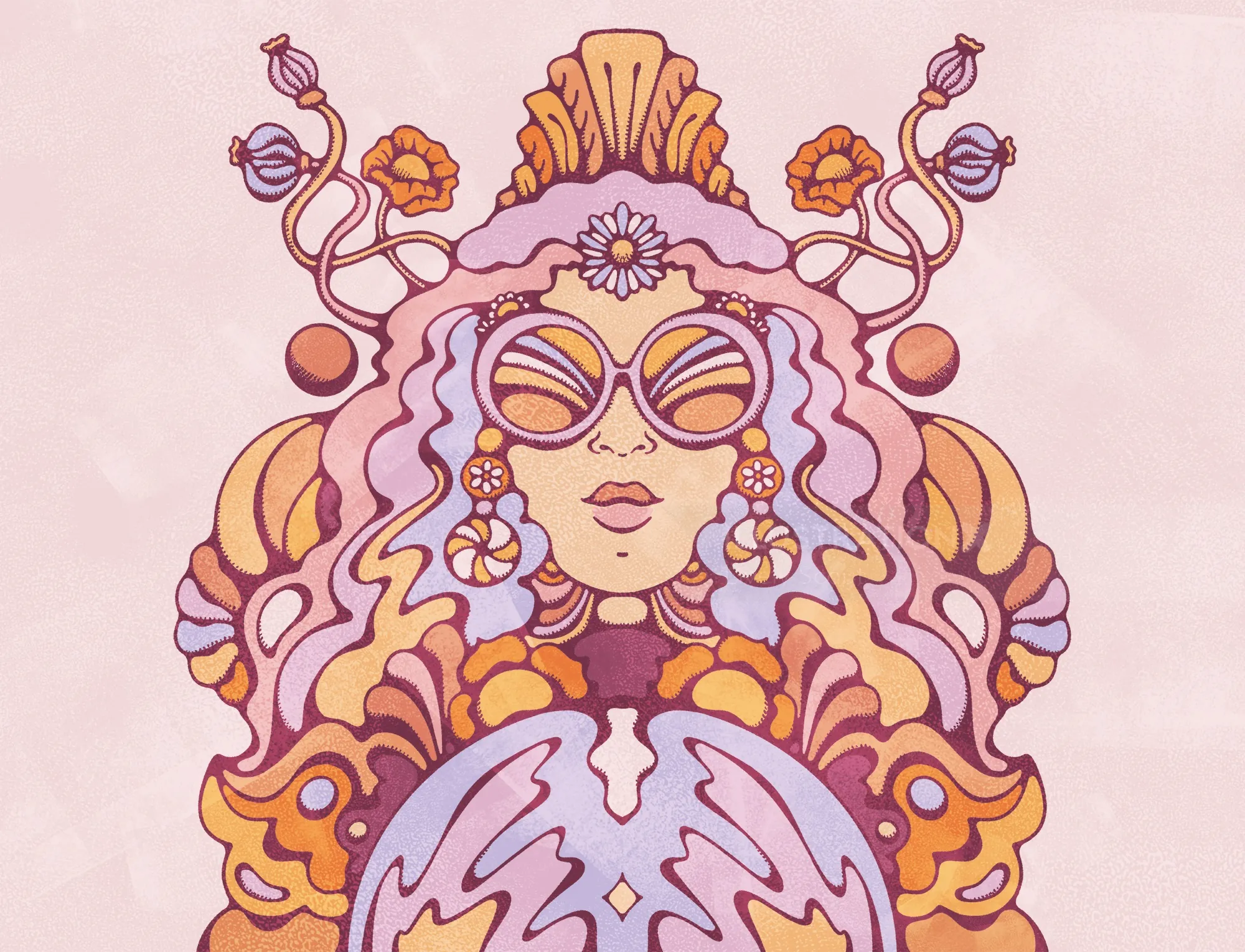 Retro female portrait in sunglasses, flowers through her hair looking into giant crystal ball.