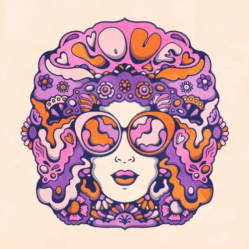 Retro, psychedelic female portrait in sunglasses under the word LOVE