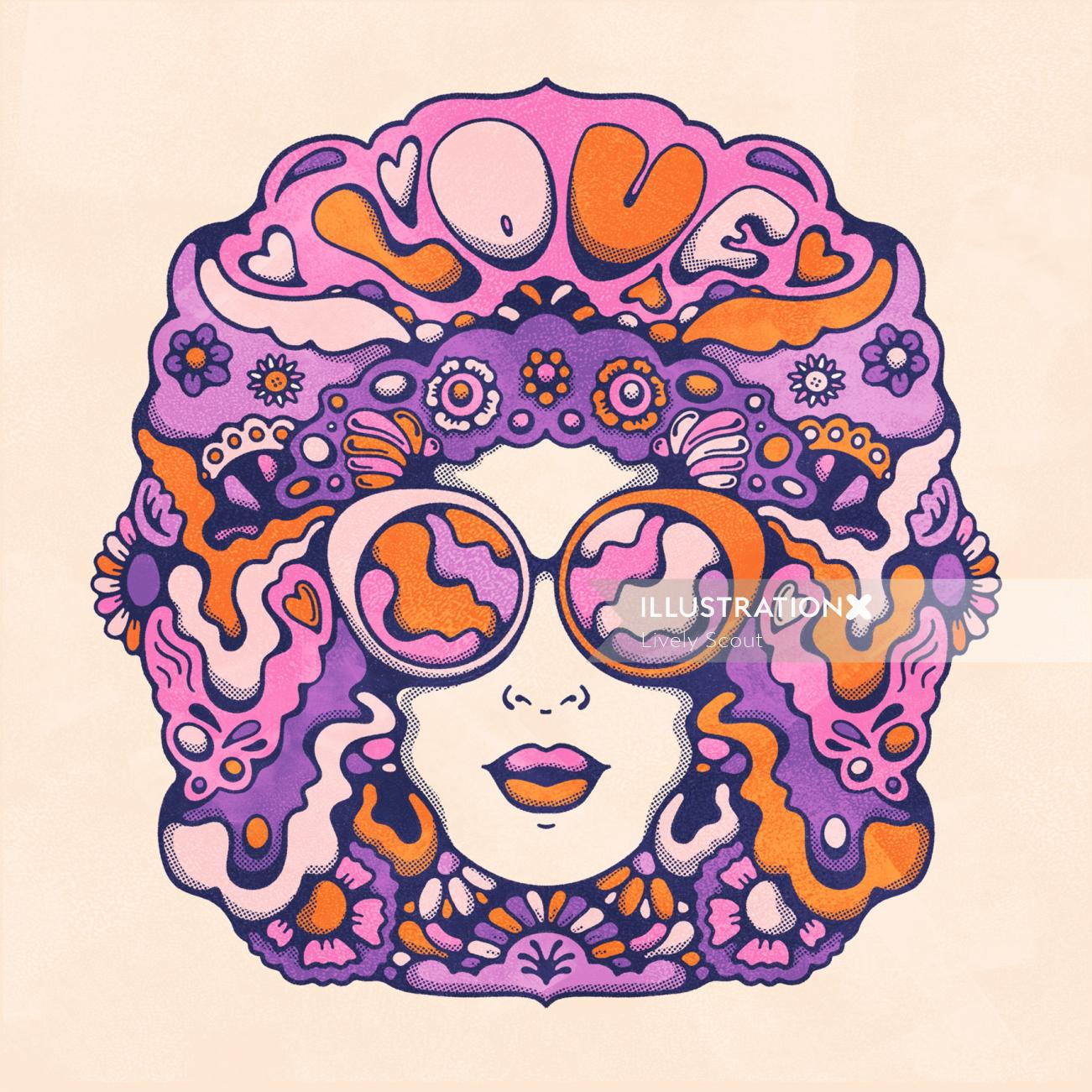 Retrato retro e psicodélico de mulher em óculos de sol com a palavra AMOR