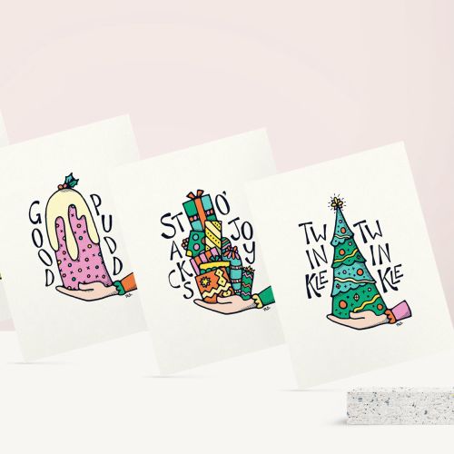 Series of christmas card illustrations - anglel, pudding, present stack and christmas tree