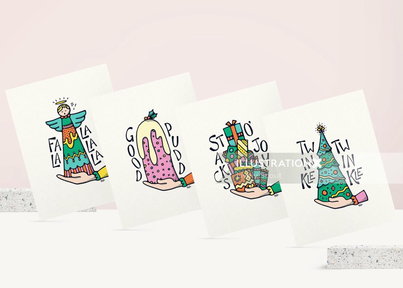 Serie de ilustraciones de tarjetas de Navidad: ángulo, pudín, pila de regalos y árbol de Navidad