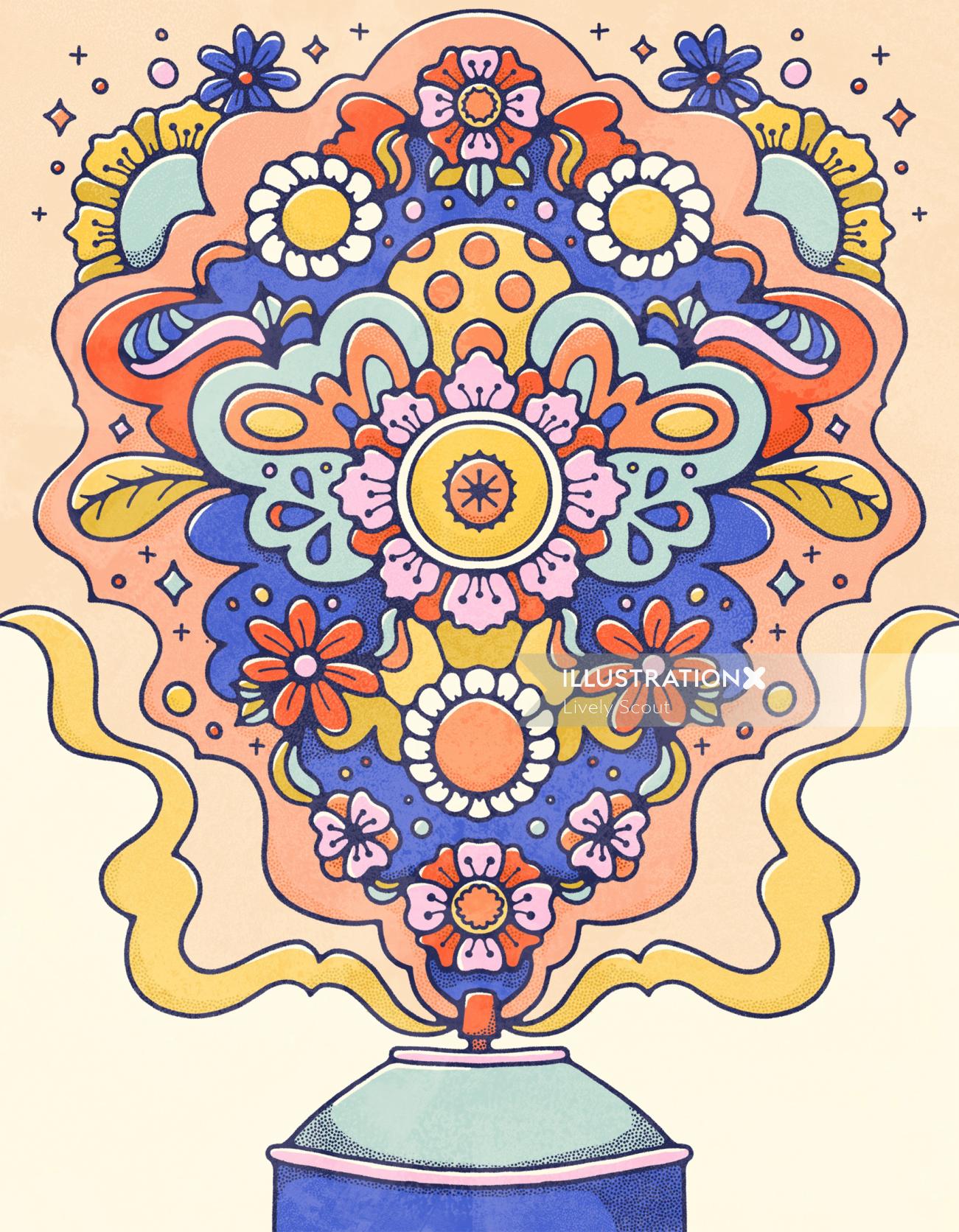 lata de aerosol dibujando un patrón simétrico audaz y brillante de flores y hojas