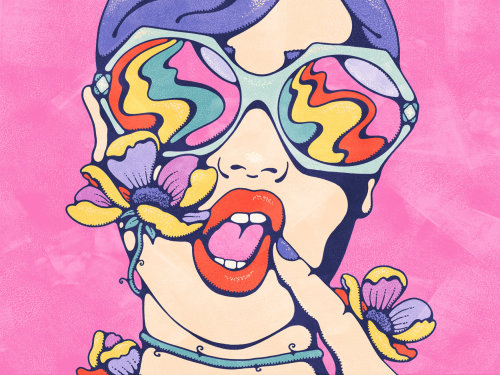 Female portrait wearing sunglasses on pink background, being strangled by beautiful colourful flower