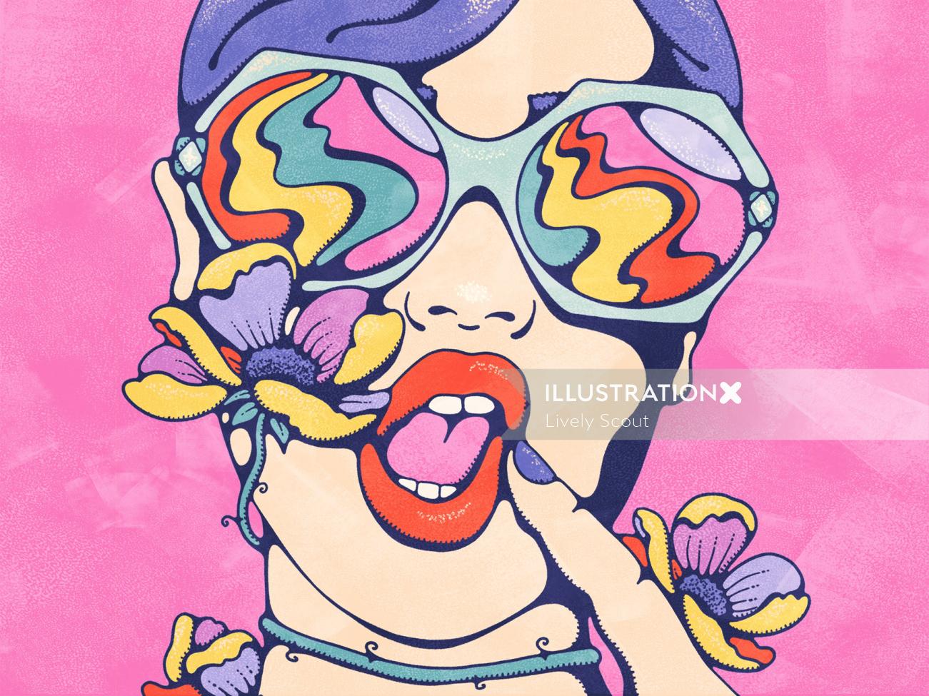 Retrato femenino con gafas de sol sobre fondo rosa, siendo estrangulado por hermosas flores de colores