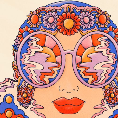 Bold retro female in sunglasses and floral bathing cap, submerged in a sea of psychedelia