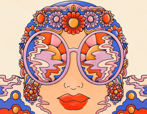 Bold retro female in sunglasses and floral bathing cap, submerged in a sea of psychedelia