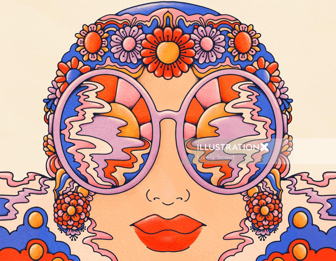 Femme rétro audacieuse en lunettes de soleil et bonnet de bain fleuri, immergée dans une mer de psychédélisme