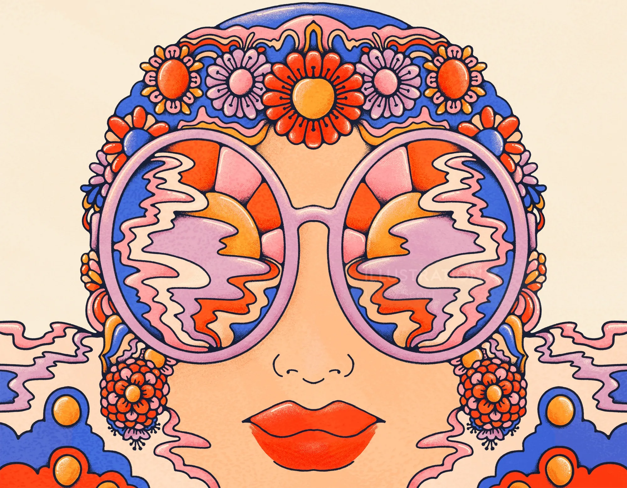 Bold retro female in sunglasses and floral bathing cap, submerged in a sea of psychedelia