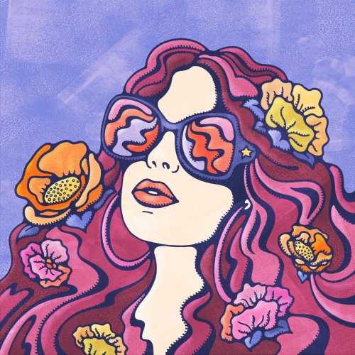 女性戴着太阳镜凝视着夏日的阳光，她甜美的波浪形头发上盛开着花朵。