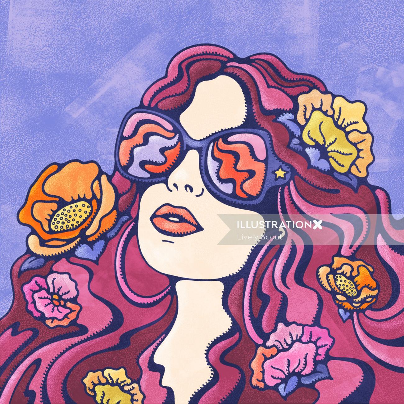 サングラスをかけたまま夏の太陽を見つめる女性、甘美なウェーブのかかった髪の花。